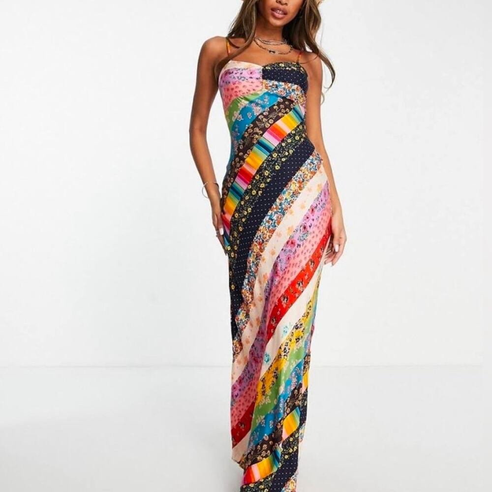 Free People Fiona Maxi Bodycon Dress Confetti Rainbow Striped Floral Boho Med - Picture 3 of 10
